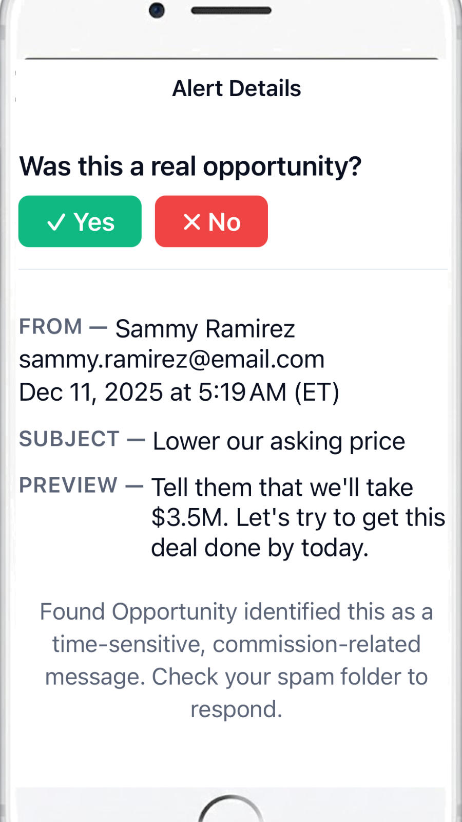 Found Opportunity alert details view with sender and preview.